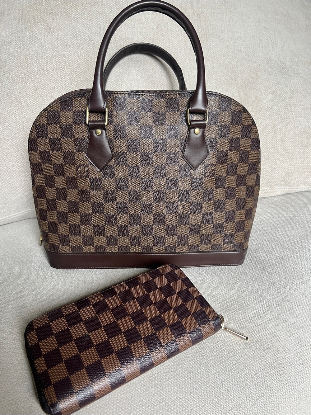 DUO Checkered Brown Dome Satchel with Matching Zip Wallet